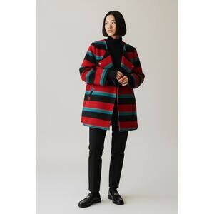 Anthropologie TULLE Coat Women's M Wool blend Striped Snap Button Red Teal Black